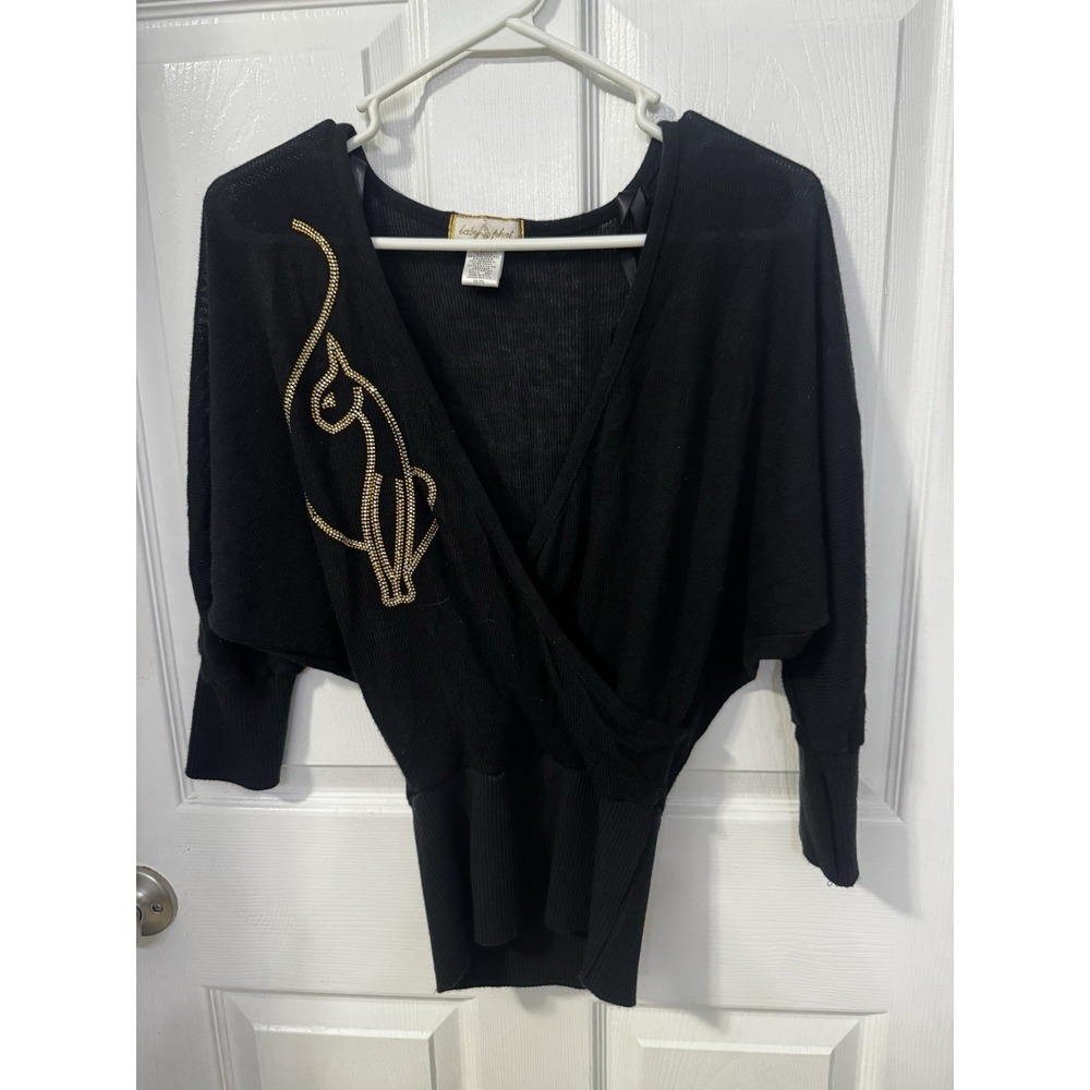 Baby Phat Vintage Black Sweater Crossover Front Rhinestone Cat Y2K Size M Urban